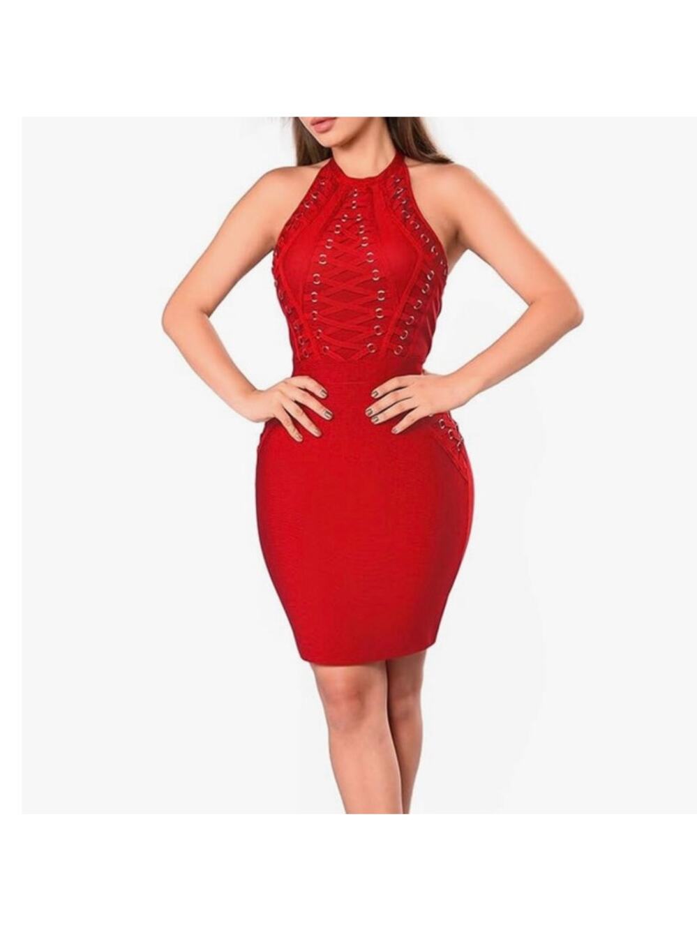 Hybrid & Company Sz M Red Sexy Bodycon Strappy Knee Length Midi Bandage Dress